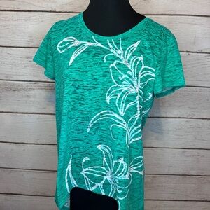 Green Floral Print Top , Summer Shirt, Everyday Casual , Size P-Large ,Burn Out